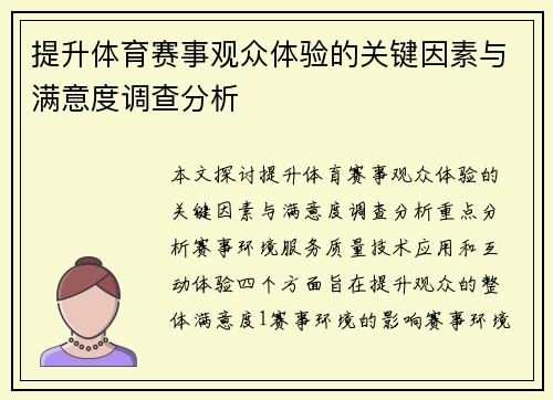 提升体育赛事观众体验的关键因素与满意度调查分析