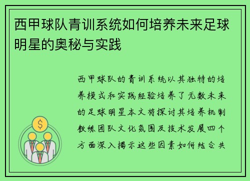 西甲球队青训系统如何培养未来足球明星的奥秘与实践